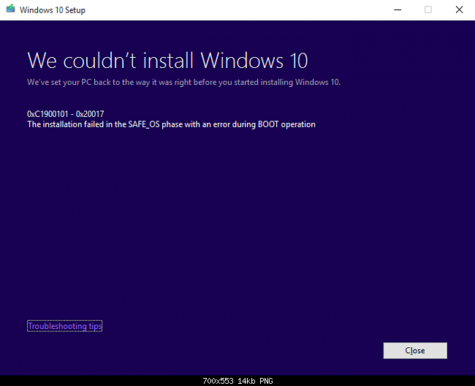 We couldn’t install Windows 10. 0xC1900101 – 0x20017 The installation failed in the SAFE_OS phase with an error during BOOT operation.