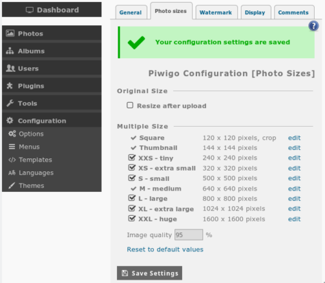Piwigo Photo Sizes