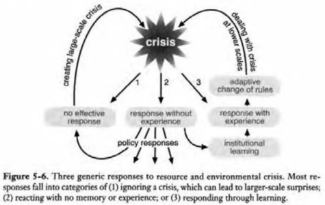 Figure 5-6. Three generic responses to resource and environmental crisis. Most responses fall into categories of (1) ignoring a crisis, which can lead to larger-scale surprises; (2) reacting with no memory or experience; or (3) responding through learning.