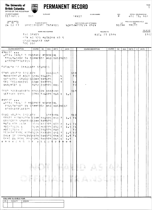 University of British Columbia, Permanent Record, David Ing, August 1984