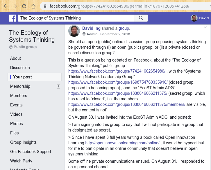 The Ecology of Systems Thinking (Facebook Group) Sept. 2, 2018